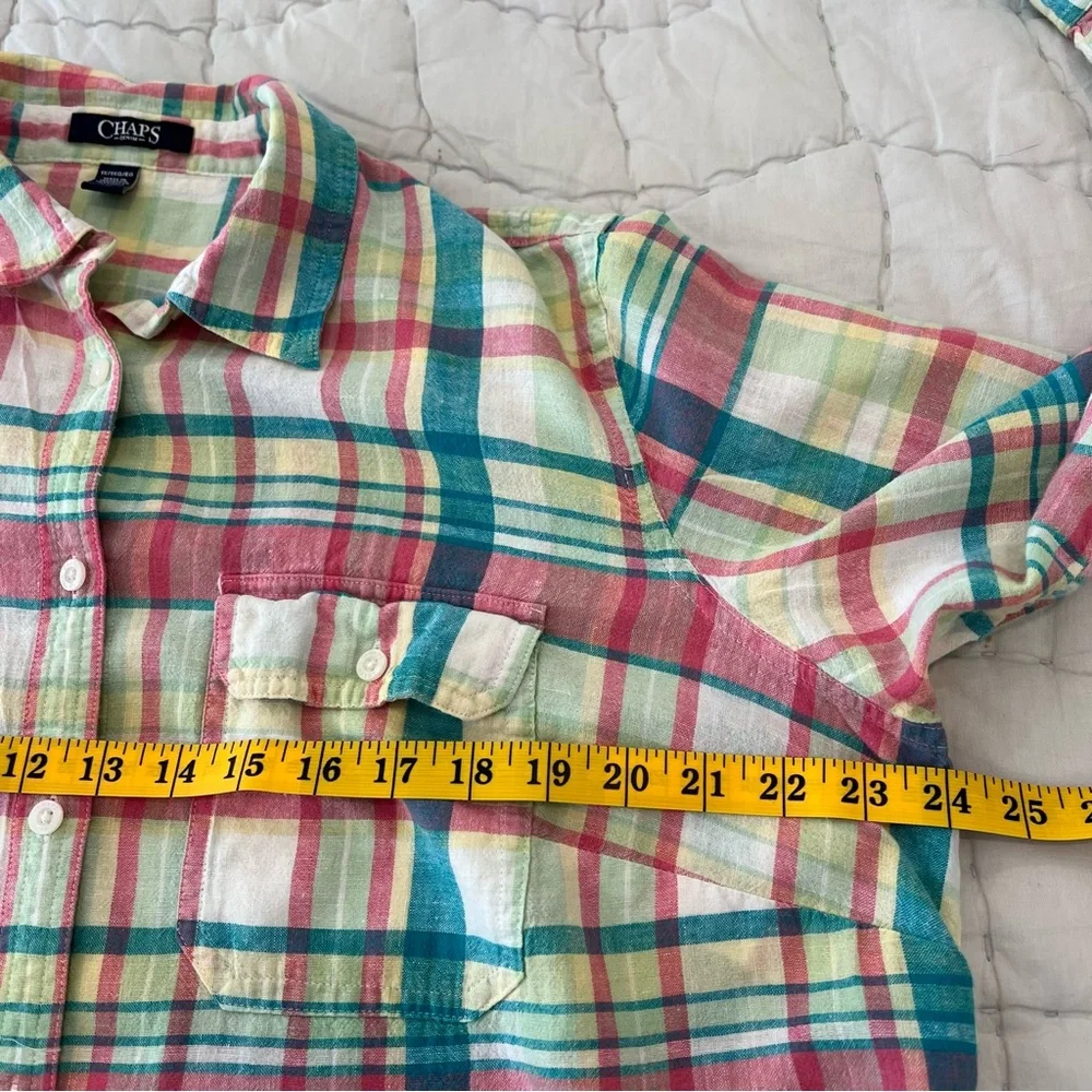 Chaps Womens Linen Blend Button Up Shirt 1X Pink Green Plaid Coastal Preppy - Picture 8 of 11